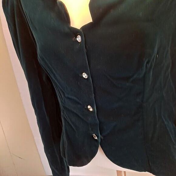 Vintage Velvet Jacket Teal Crystal Buttons Scalloped VNeck Edge Size 11/12 Y2K - Picture 7 of 10